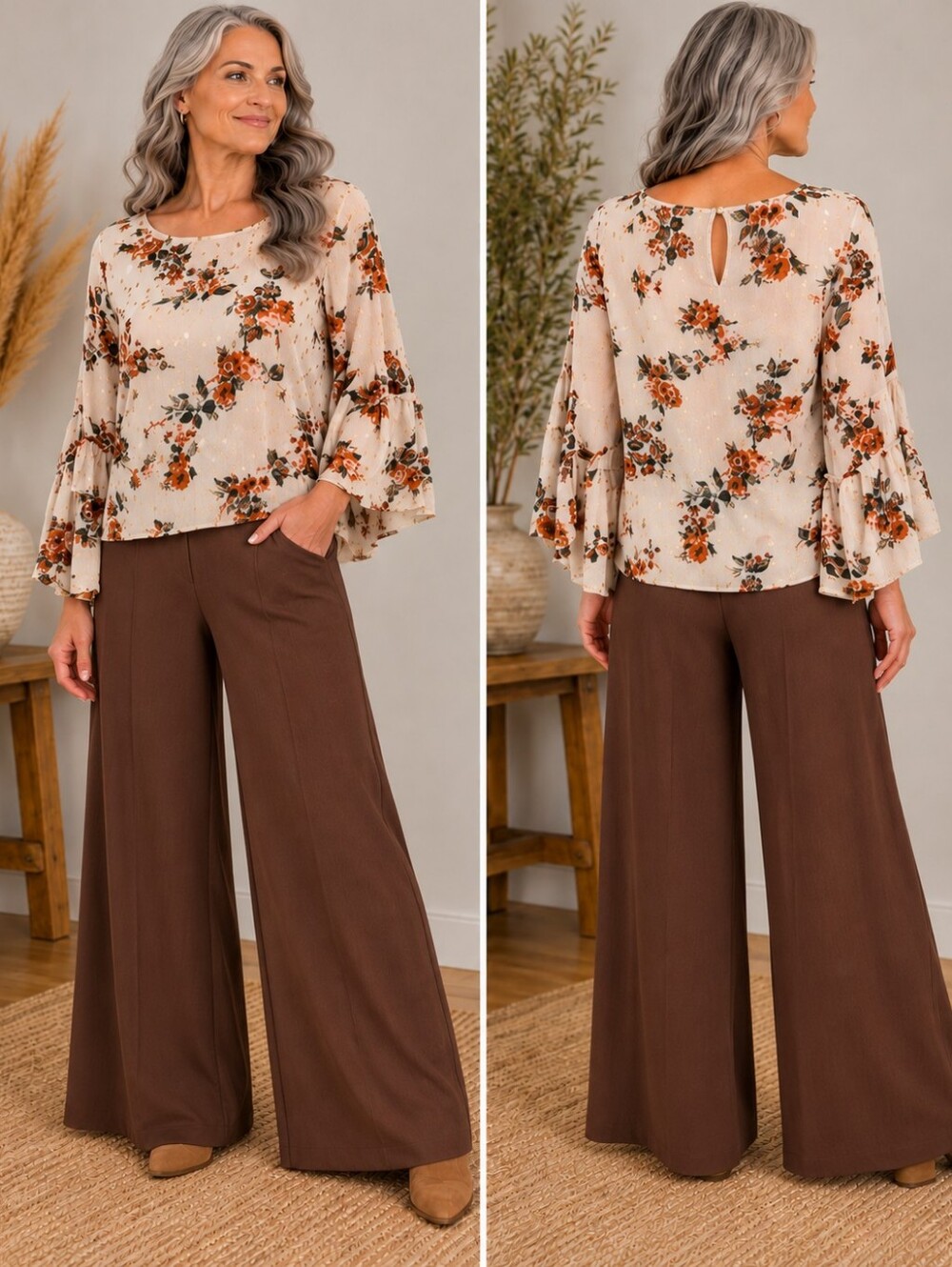 Gypsies & Moondust Floral  Blouse Large Bell Sleeve Gold Metallic Accent Top A46